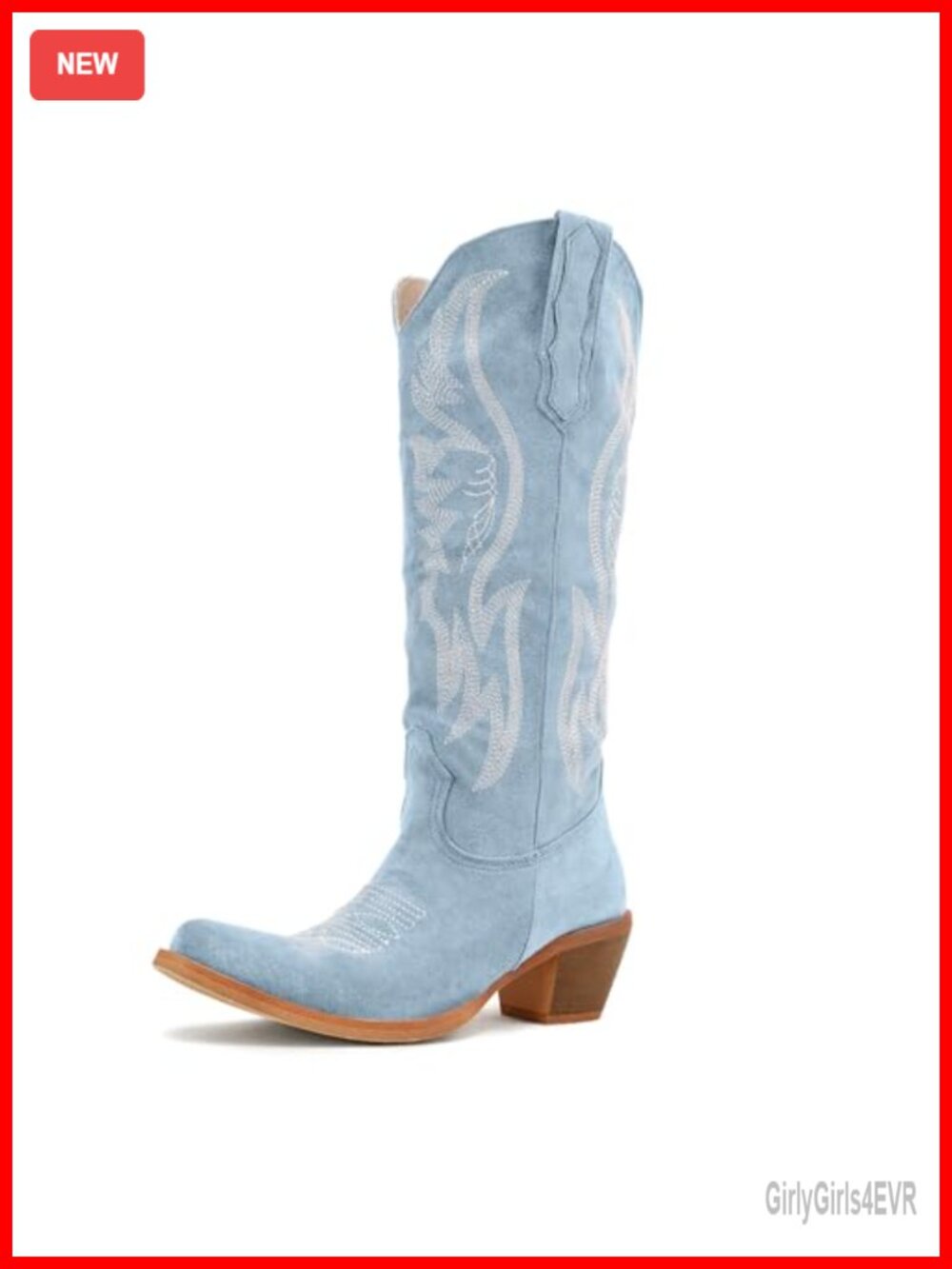 Faux Suede Mid Calf Cowboy Boots Embroidered Pull On Chunky Heel